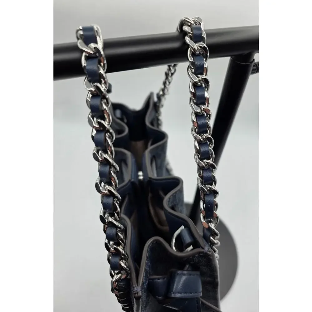 Michael Kors Mini Mina Signature Navy Convertible Chain Satchel Crossbody